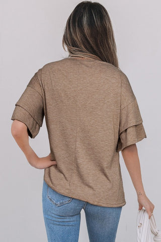 Tulip Sleeve Solid V-Neck - Taupe