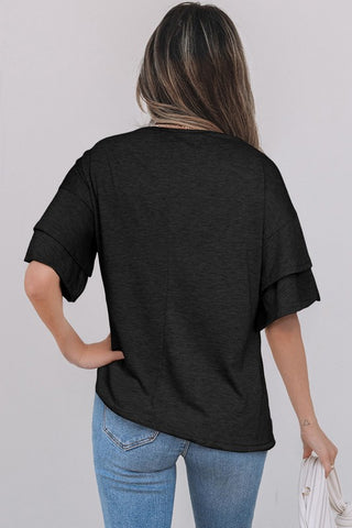 Tulip Sleeve Solid V-Neck - Black