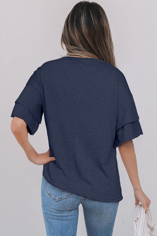 Tulip Sleeve Solid V-Neck - Navy