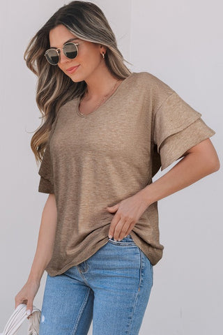 Tulip Sleeve Solid V-Neck - Taupe