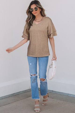 Tulip Sleeve Solid V-Neck - Taupe