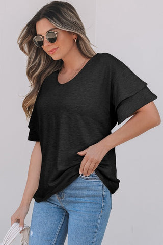Tulip Sleeve Solid V-Neck - Black