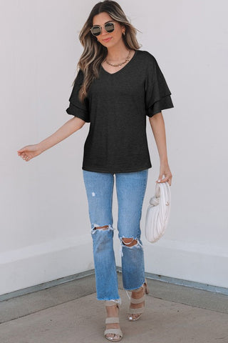Tulip Sleeve Solid V-Neck - Black