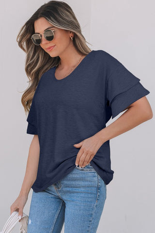 Tulip Sleeve Solid V-Neck - Navy