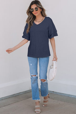 Tulip Sleeve Solid V-Neck - Black