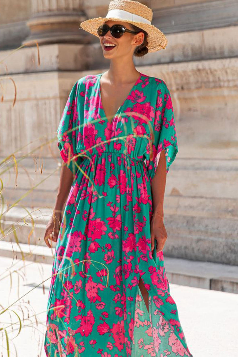 aqua and pink dress Pink & Aqua Floral Asymmetrical Midi Dress