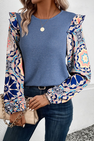 Waffle Weave Ruffle Abstract Sleeve Top - Blue