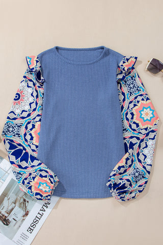 Waffle Weave Ruffle Abstract Sleeve Top - Blue
