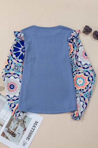 Waffle Weave Ruffle Abstract Sleeve Top - Blue