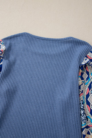 Waffle Weave Ruffle Abstract Sleeve Top - Blue