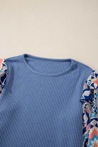 Waffle Weave Ruffle Abstract Sleeve Top - Blue