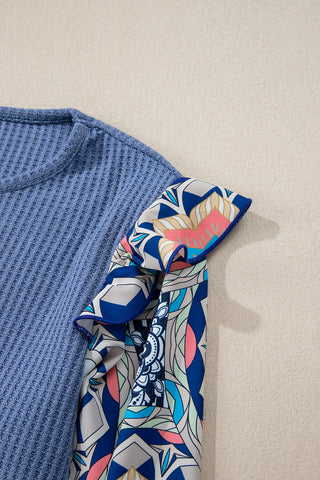 Waffle Weave Ruffle Abstract Sleeve Top - Blue