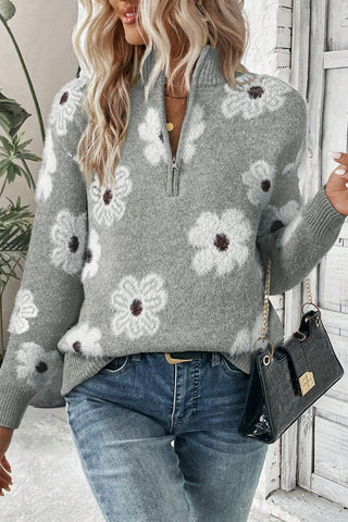 Zip Up Daisy Sweater - Gray