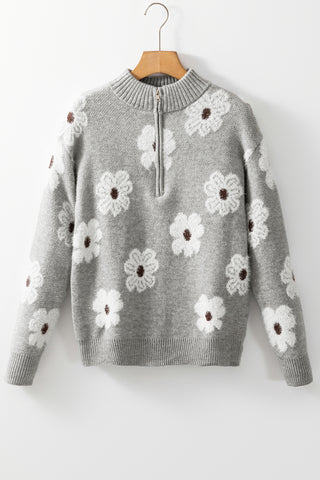 Zip Up Daisy Sweater - Gray