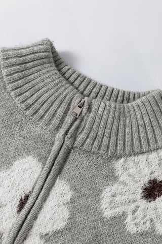 Zip Up Daisy Sweater - Gray