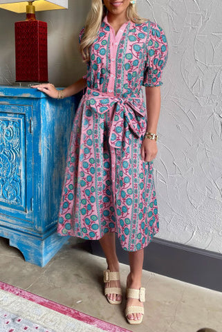 Vintage Poppy Dress - Pink and Aqua