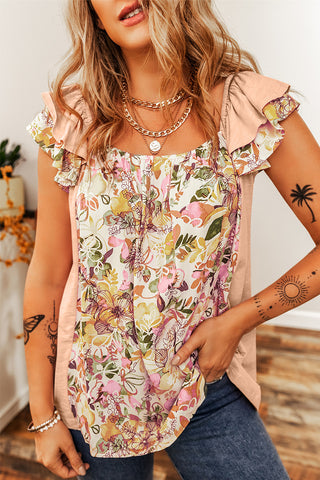 Vintage Floral Ruffle Sleeve Top - Peach