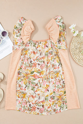 Vintage Floral Ruffle Sleeve Top - Peach