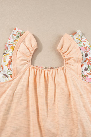 Vintage Floral Ruffle Sleeve Top - Peach