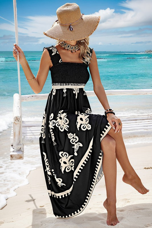 damask maxi dress Jodi Short Sleeve Waist Tie Damask Print Maxi Dress Blue SMALL