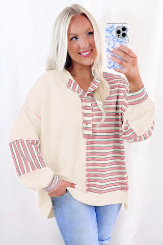 Striped Henley Top - Pink