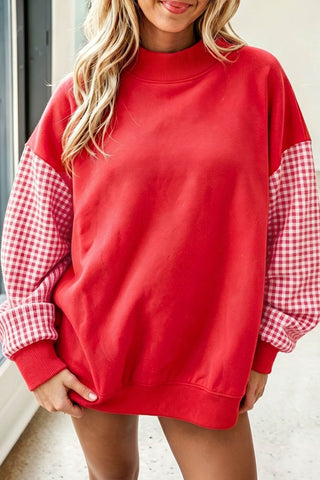 Gingham Crew Neck Sweatshirt - Red