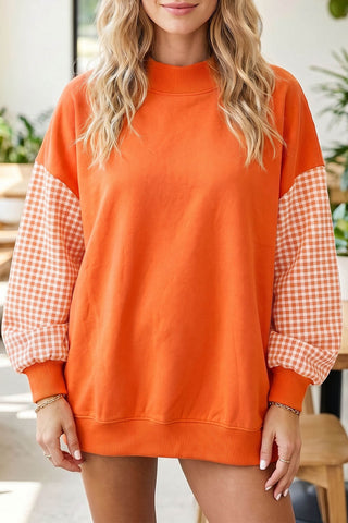 Gingham Crew Neck Sweatshirt - Orange