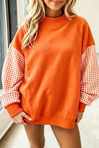 Gingham Crew Neck Sweatshirt - Orange