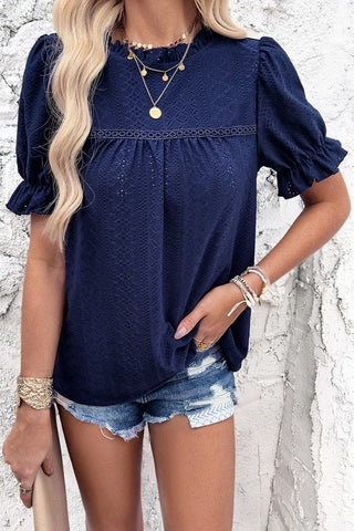 Eyelet Puff Sleeve Top - Navy