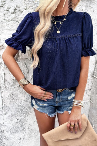 Eyelet Puff Sleeve Top - Navy