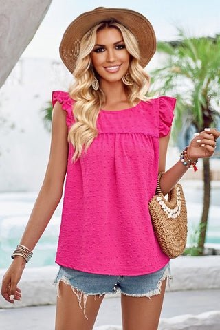 Swiss Dot Flutter  Top - Hot Pink