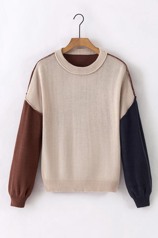 Bishop Sleeve Color Block Sweater - Coffee