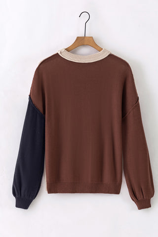 Bishop Sleeve Color Block Sweater - Coffee