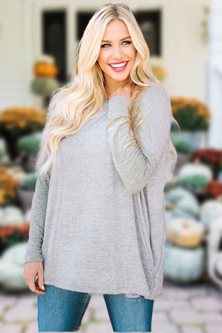 Brushed Fleece Flowy Tunic Top with Pockets - Gray