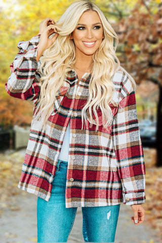 Flannel Plaid Shacket with Pockets - Red