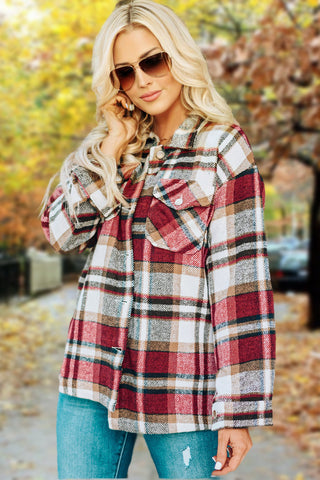 Flannel Plaid Shacket with Pockets - Red