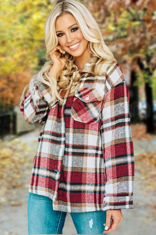 Flannel Plaid Shacket with Pockets - Red