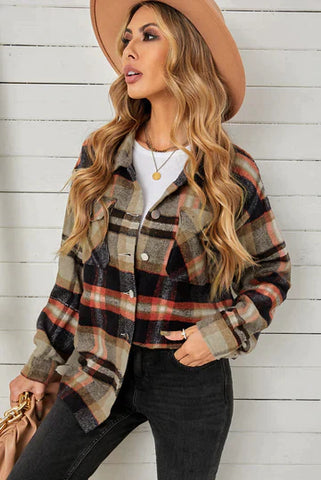 Flannel Plaid Shacket with Pockets - Orange