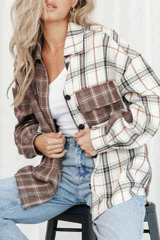 Half And Half Plaid Shirt - Brown