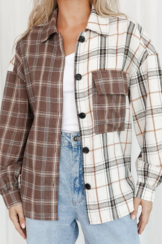 Half And Half Plaid Shirt - Brown