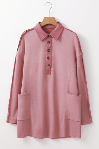Oversized Henley Thermal Top - Pink