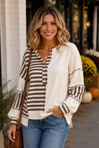 Striped Henley Top - Brown