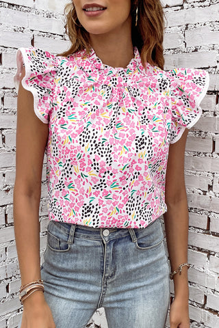 Ditzy Print Ruffle Sleeve Top - Pink