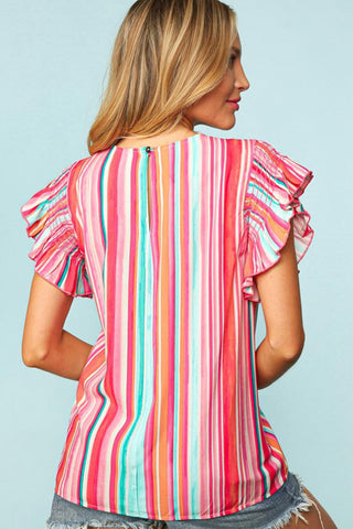 Rainbow Striped Ruffle Sleeve Top