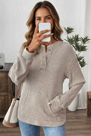 Henley Top with Pockets - Taupe