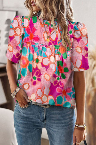 Puff Sleeve Daisy Print Top - Pink