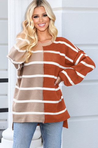 Striped Half and Half Sweater - Rust and Brown