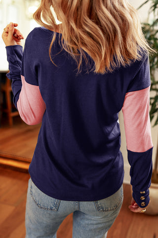 Color Block Top with Buttons - Navy and Pink