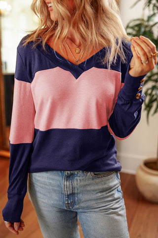 Color Block Top with Buttons - Navy and Pink
