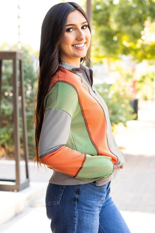 Color Block Pullover - Tangerine and Sage